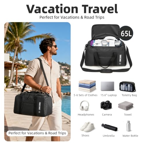 Foldable Travel Duffel Bag 65L, Large Capacity Bag for Trips - color: black, size: 65L