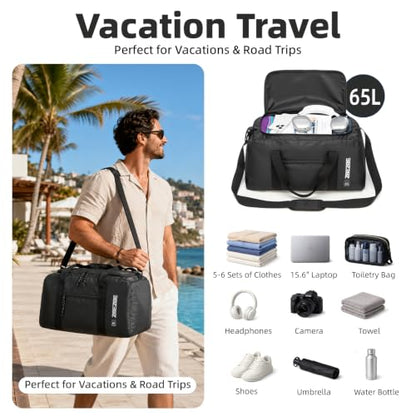 Foldable Travel Duffel Bag 65L, Large Capacity Bag for Trips - color: black, size: 65L