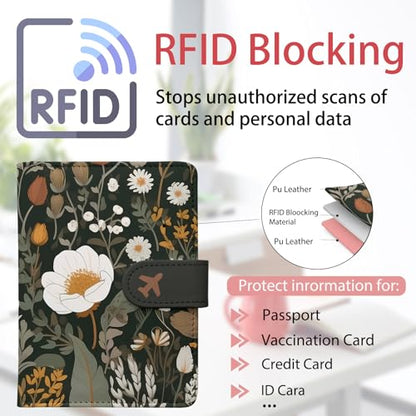 Passport Holder, Cute Travel Wallet Cover with RFID Blocking,flower | PU leather travel wallet with magnetic closure, card slots, pen loop, and easy access for passports and essentials. - color: Q-Bud