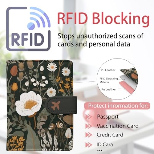 Passport Holder, Cute Travel Wallet Cover with RFID Blocking,flower | PU leather travel wallet with magnetic closure, card slots, pen loop, and easy access for passports and essentials. - color: Q-Bud