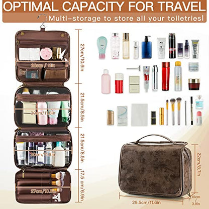 Elviros Hanging Toiletry Bag Removable Travel Bag PU leather Makeup Cosmetic Organizer Kit, Coffee - color: Coffee, size: 1 Pack