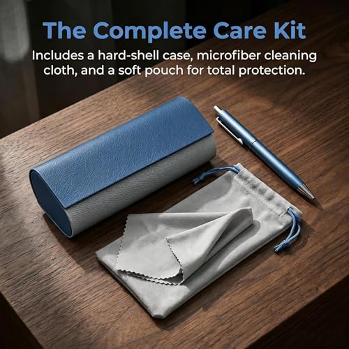 Double Sided Glasses Case Hard Shell,Sunglasses Case & Eyeglass Case with Cleaning Cloth & Storage Pouch - color: Navy Blue-drak Gray