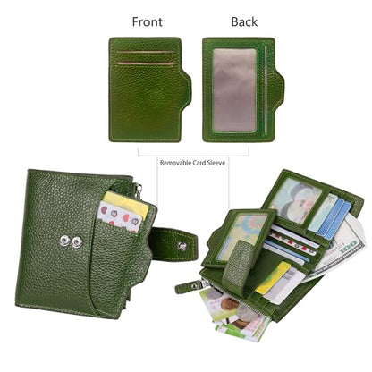 Women's RFID Blocking Leather Small Compact Bi-fold Zipper Pocket Wallet Card Case Purse with id Window - color: Lichee Green