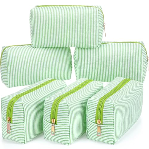 Sanwuta 6 Pcs Seersucker Cosmetic Bags Bulk, Striped Zippered,Green - color: Green