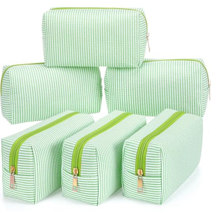 Sanwuta 6 Pcs Seersucker Cosmetic Bags Bulk, Striped Zippered,Green - color: Green