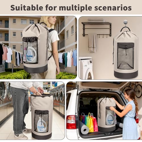 150L Laundry Bag Backpack with 3 Sizes Mesh Wash Bags and Shoulder Straps - color: Beige, size: 150L