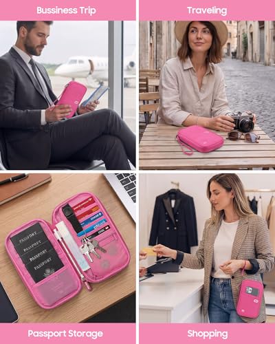 Family Passport Holder for Travel, RFID Blocking Travel Wallet with Zipper - color: Rose Red