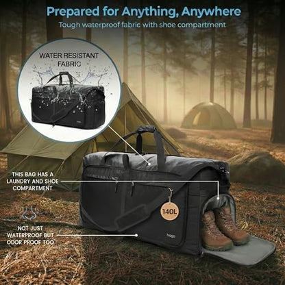 Bago Travel Duffle Bag for Women & Men. Extra Large Foldable Duffel Bags - color: All Black, size: 140L