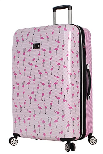 Betsey Johnson 30 Inch Checked Luggage Collection - Expandable Scratch Resistant (ABS + PC) Hardside Suitcase - Designer Lightweight Bag with 8-Rolling Spinner Wheels - color: Flamingo Strut