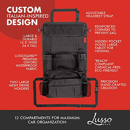 Lusso Gear Kids Travel Tray (Black) + Heavy Duty Car Seat Organizer (Black), Extra Large for Protection, Sag Proof & Reinforced Corners, Protects iPad & Backseat, 12 Versatile Car Seat Organizer Stora
