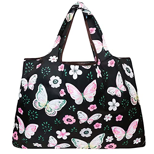 allydrew Large Foldable Tote Nylon Reusable Grocery Bags, Midnight Butterfly - color: Midnight Butterfly