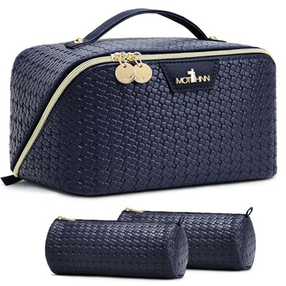 Travel Makeup Bag for Women: 3 Pcs Set Vagen Leather Cosmetic Bag - color: 02Blue