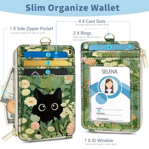 Cat Lanyard Wallet with Id Badge Holder Keychain for Card Women - color: Cat Green Leaf