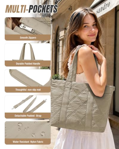 suradar Puffy Tote Bag for Women with Laptop Compartment Handbags - color: A2-khaki
