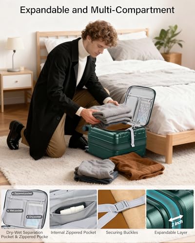 Hanke Top Opening Carry-On - Expandable 16 Inch Airline Approved Spinner - color: Blackish Green, size: 16 Inch Expandable