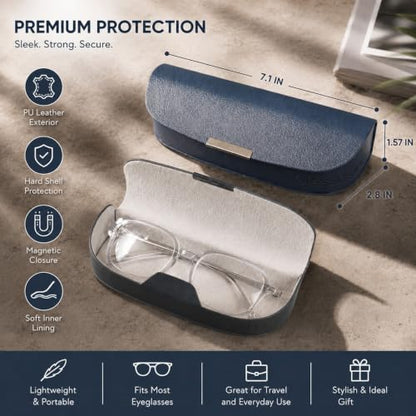 Glasses Case hard shell,3-in-1 Sunglasses Case & Eyeglass Case with Cleaning Cloth & Storage Pouch - color: Navy Blue, size: Large