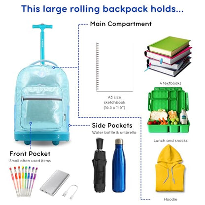 J World Sunrise Kids Rolling Backpack with Wheels for Girls Boys, Roller Bookbag for School, 18 x 13 x 9 Inches, Metallic Teal - color: Metallic Teal