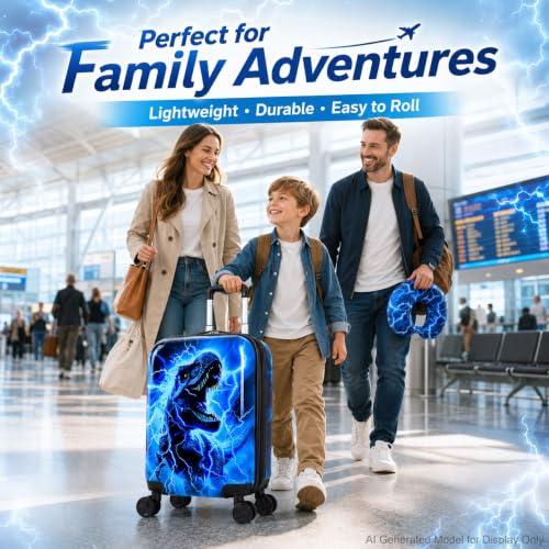 UFNDC Lightweight Hardshell Spinner Luggage Set for Kids 2PCS with Wheels - Airplane Approved Carry-On Suitcase for Boys Ages 3-10, Lightning Dinosaur Rolling Suitcases for Elementary Toddler Travel - color: Blue Lightning Dinosaur Luggage 2PCS Set
