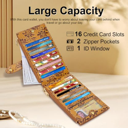 Travelambo Womens Leather Bifold Wallet, Slim RFID Blocking Card Holder - color: Brown Flower