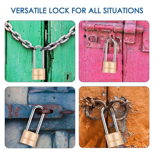 2 Pack Keyed Locks with Keys, Extra Long 2-11/16" Shackle Solid Brass Copper Padlock, Small Travel Waterproof Lock with 38MM Wide Body for Warehouse, Tool Box, Hasp, Gym, Locker, Sheds-Golden - size: 2 Pack 38mm Long