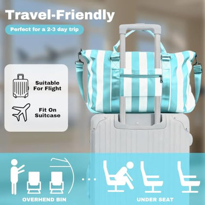 Travel Duffle Bag for Women, Carry On Weekender Tote with Trolley Sleeve - color: Blue White