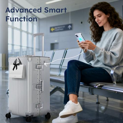 ALPHA CAMP Trunk Luggage 28 Inch with Aluminum Frame Zipperless Suitcase - color: Silver, size: 28 Inch