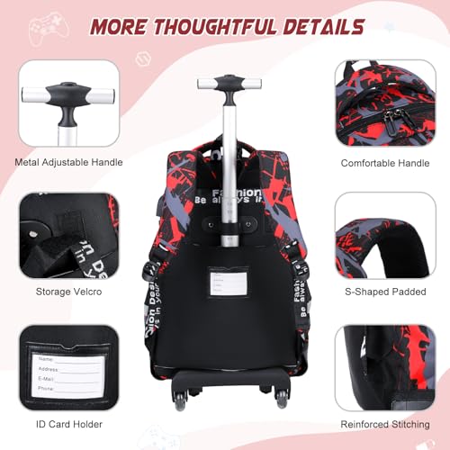 Scothen Cool Luminous Rolling Backpack for Boys with Lunch Bag Pencil Pouch - color: Red
