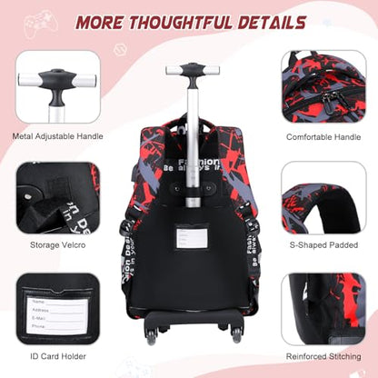 Scothen Cool Luminous Rolling Backpack for Boys with Lunch Bag Pencil Pouch - color: Red