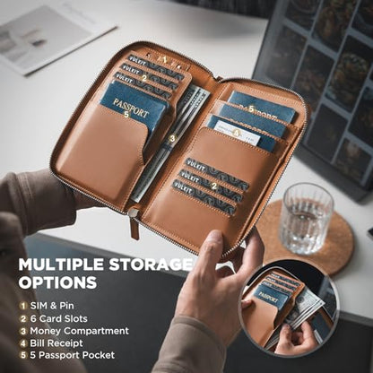 VULKIT Family Passport Holder for 4 Passports, RFID Blocking Travel Wallet - color: Brown