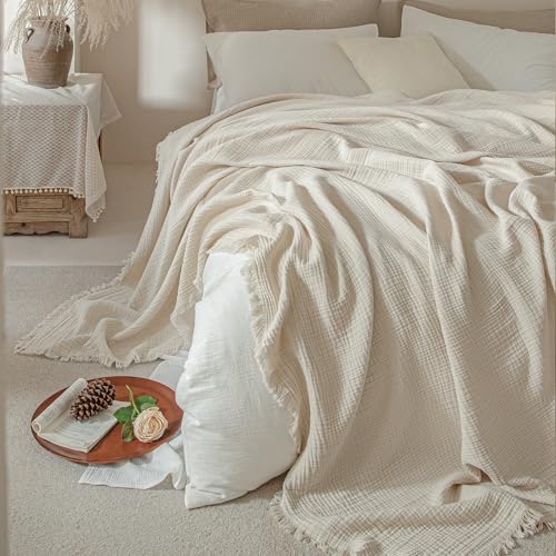 Muslin Fringe Blankets for Adults: 100% Cotton Cloud Soft Oversize Queen - color: Beige, size: Oversize Queen (98" × 98")