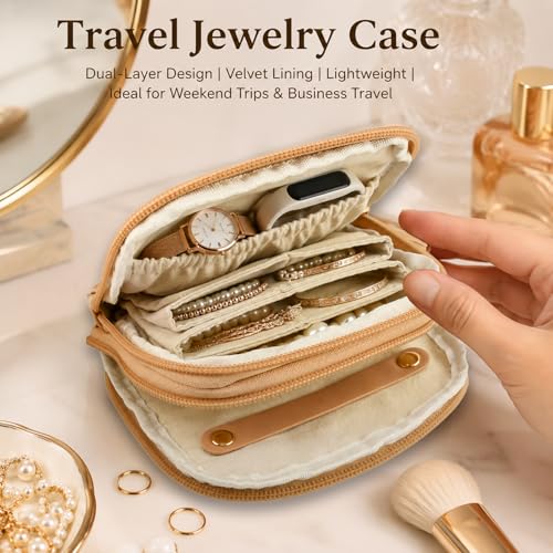 2‑Layer Travel Jewelry Case, Portable Faux Leather Jewelry Organizer - color: Khaki