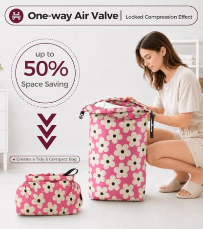 Compression Travel Laundry Bag for Dirty Clothes, Pump-Free Laundry Bag - color: Pink Garden, size: Large