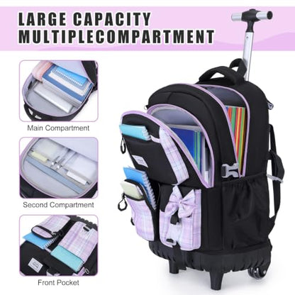 Bevalsa Rolling Backpack for Girls, Roller Backpack with Wheels | Cute Bow Plaid Wheeled School Bookbag Set with Lunch Bag & Pen Case, Suitcases for Kids Teens Elementary Middle Student - color: Black Purple