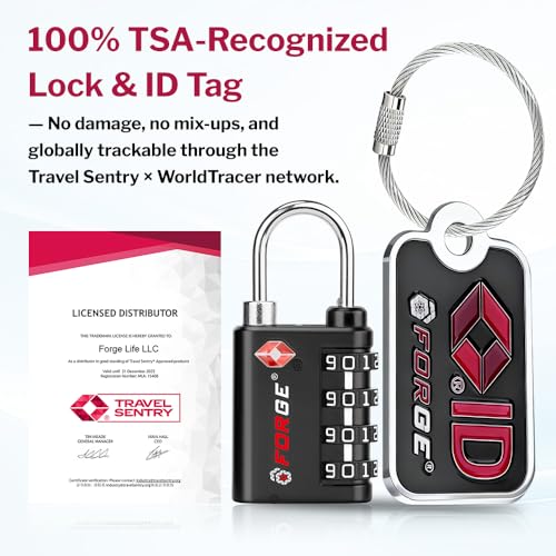 Forge Dual-Opening: Key or Combination Lock, TSA Approved Lock for Luggage, Pelican case, Travel, Gym, School, Luggage Combination Lock, Travel Bag Lock (Black 4 Locks and 2 ID) - color: Black 4 Locks 2 IDS