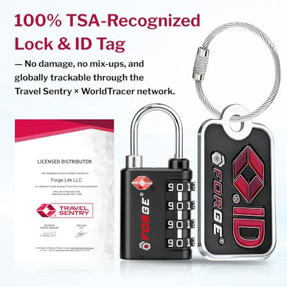 Forge Dual-Opening: Key or Combination Lock, TSA Approved Lock for Luggage, Pelican case, Travel, Gym, School, Luggage Combination Lock, Travel Bag Lock (Black 4 Locks and 2 ID) - color: Black 4 Locks 2 IDS