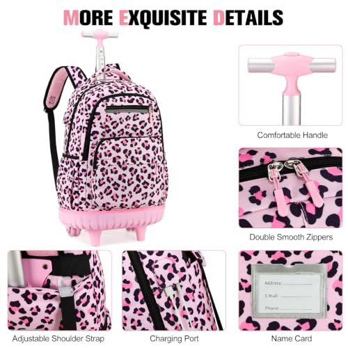 ACESAK Rolling Backpack for Girls with Lunch Bag & Pencil Pouch - color: Pink Leopard