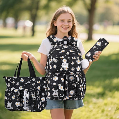 ACESAK Backpack for Girls with Tote Bag (Black Daisy) - color: Black Daisy