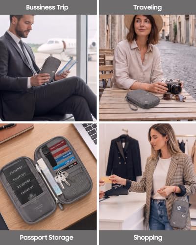 Family Passport Holder for Travel, RFID Blocking Travel Wallet with Zipper - color: New Grey