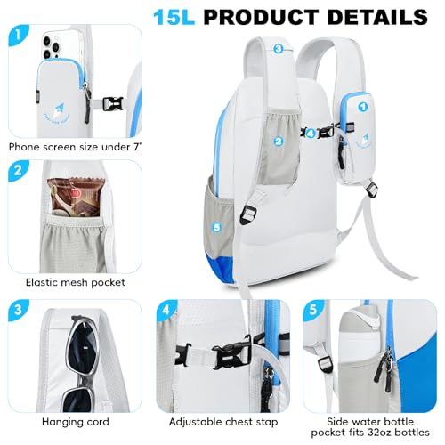 Seektop 15L Foldable Lightweight Hiking Backpack for Men and Women - color: Blue White