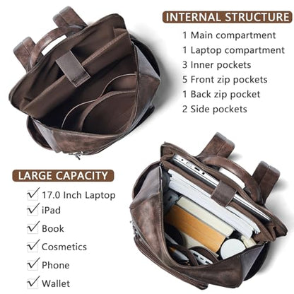 Shrrie Upgraded 17 inch Leather Laptop Backpack for Women - color: Two-toned Coffee