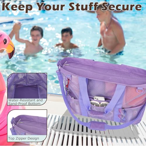 Fammart Large Mesh Beach Bag for Women, Oversized Beach tote Swim Pool Bag - color: Oversized, Purple, size: Extra-Large