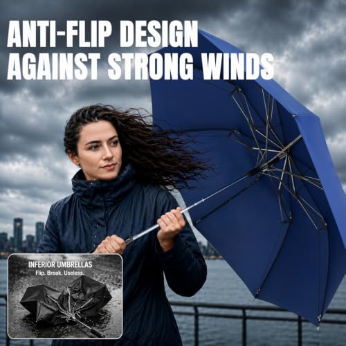 Collapsible Windproof Umbrella Travel - 42inch Auto Open & Manual Close - color: 02.Dark Blue
