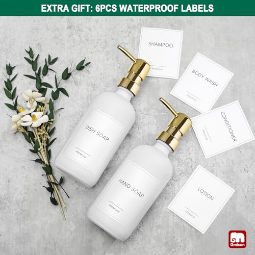 GMISUN White Soap Dispenser, 2 Pack Glass Hand Soap Dispensers Bathroom with Gold Pump, 17 Fl Oz Dish Soap Dispenser Set for Kitchen, Refillable Modern Liquid Soap and Lotion Dispensers Bottle - color: White Bottle + Golden Pump, size: 2 Pack