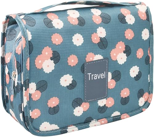 Trawila Travel Hanging Toiletry Bag Cosmetic Bag Makeup Organizers for Men & Women with Sturdy Hook (Blue flower) - color: Blue flower