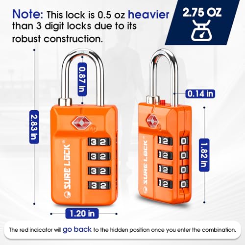 SURE LOCK TSA Approved 4-Digit Resettable Combination Luggage Locks with Open Alert, Easy-Read Dials - for Luggage, School Lockers, Gym, Office, Toolbox & Security Cases (Orange 2 Pack) - color: ORANGE 2PACK