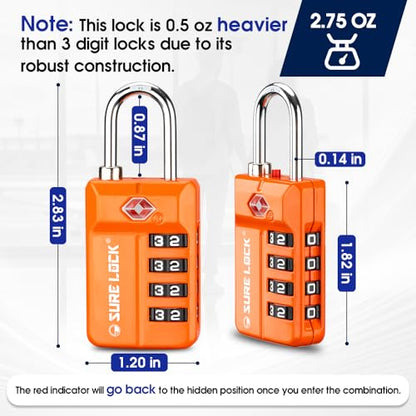 SURE LOCK TSA Approved 4-Digit Resettable Combination Luggage Locks with Open Alert, Easy-Read Dials - for Luggage, School Lockers, Gym, Office, Toolbox & Security Cases (Orange 2 Pack) - color: ORANGE 2PACK