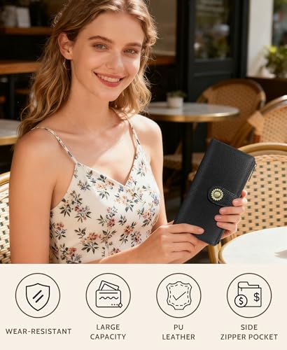 GIANCOMICS Black Womens Wallet RFID Blocking Long Credit Card Holder Bifold - color: A Solid Black