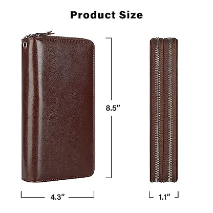 Lavemi Women's 100% Leather Double Zipper Large Capacity RFID Blocking Phone Holder Clutch Travel Purse with Wristlet Strap(Double Zipper Coffee) - color: 2-waxed Coffee, size: One Size