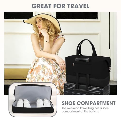 Women's Weekender bag Travel Duffel Bag with Shoe Compartment 21-inch Airline-Approved Carry-On, 2-Piece Overnight Bag Set Personal Item Luggage - color: 1-Black