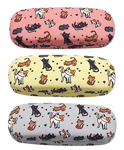 JAVOedge [4 PACK / 3 PACK], Printed Pattern Durable Hard Clamshell Eyeglass Case with Bonus Microfiber Cloth - color: Cats - Style a, size: 3 PACK